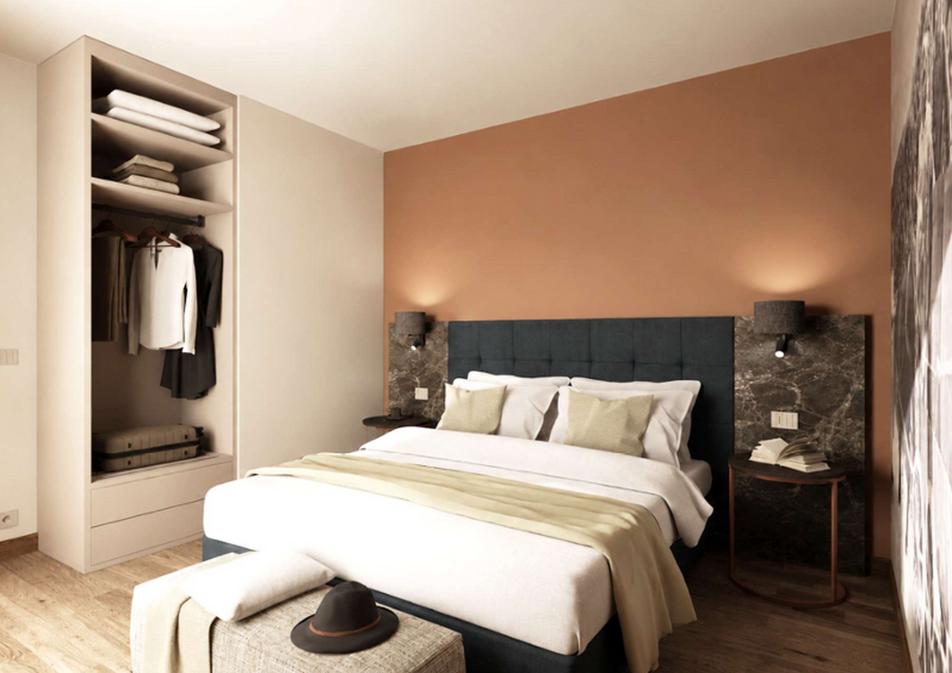 Chambre moderne avec un lit, un dressing ouvert, des tables de chevet et des murs aux tons beige chaud.