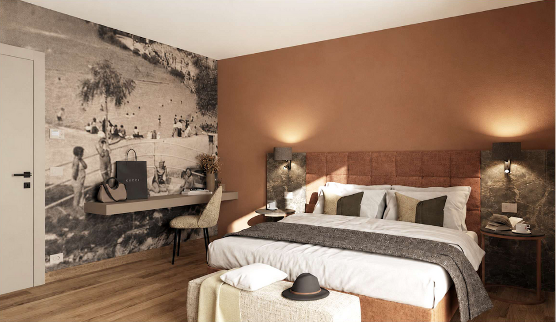Chambre moderne avec un mur d'accent marron, un lit, des tables de chevet et un bureau près d'une fresque murale graphique.