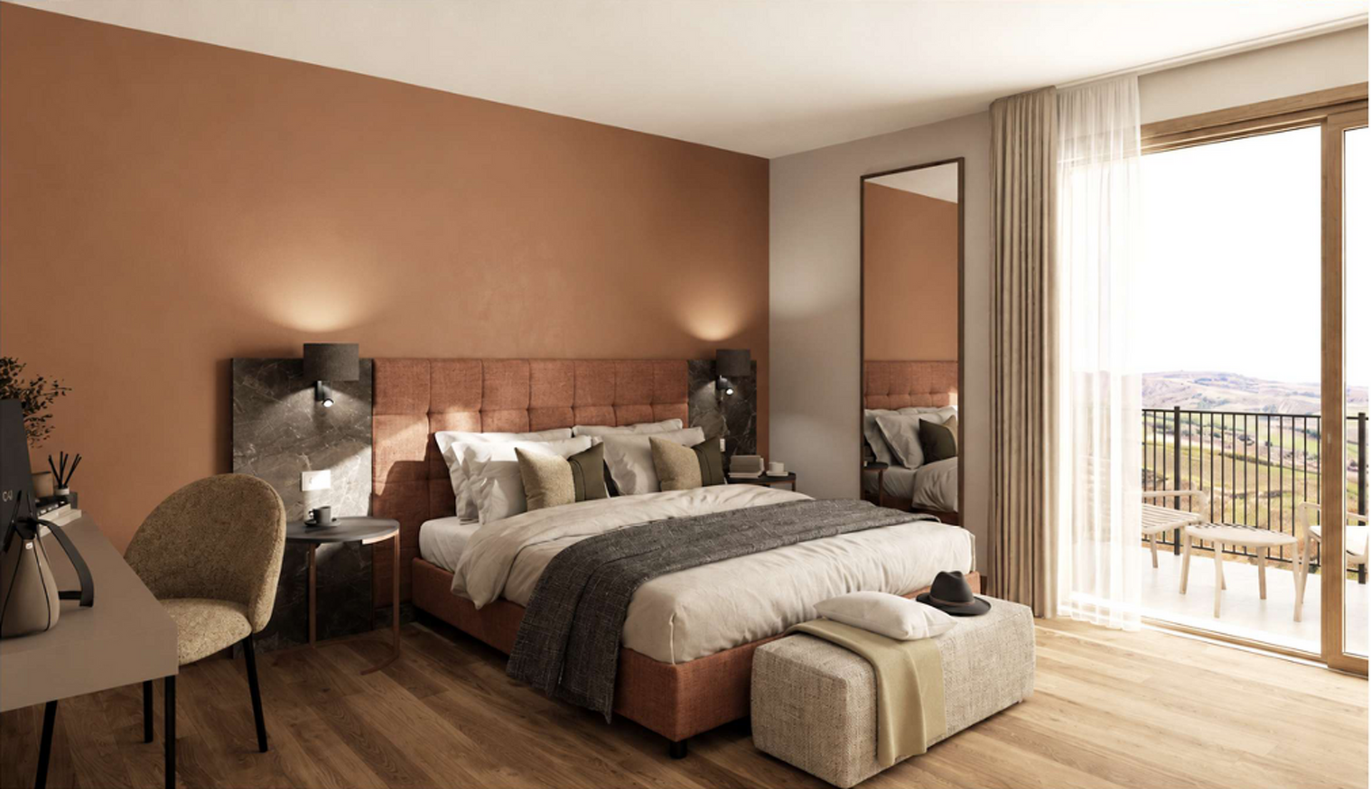 Chambre moderne avec un lit, une armoire à miroirs, des murs aux tons chauds et des portes-fenêtres laissant entrer la lumière du jour.