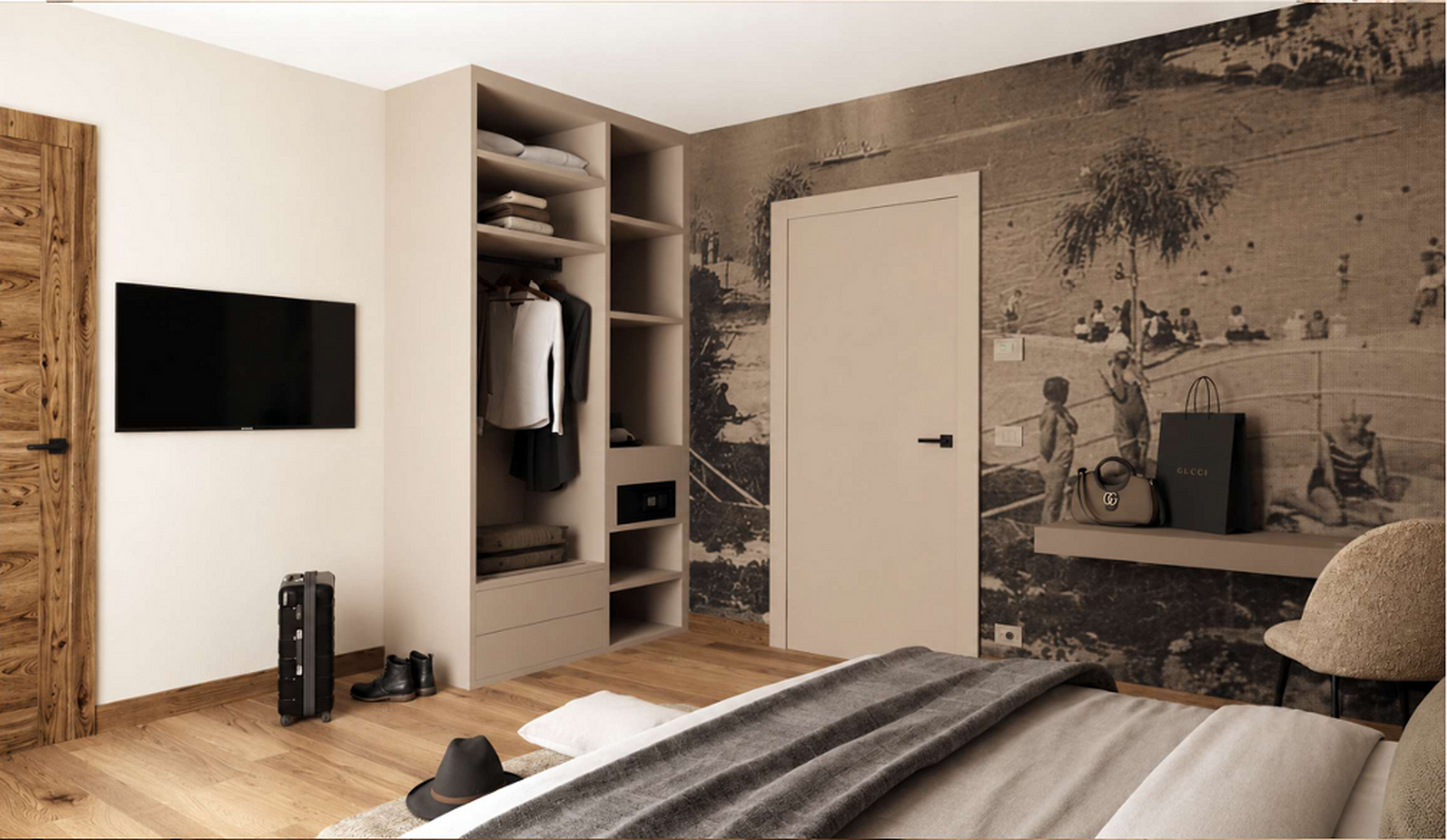 Chambre moderne avec parquet, télévision murale, dressing ouvert et mur mural texturé derrière le lit