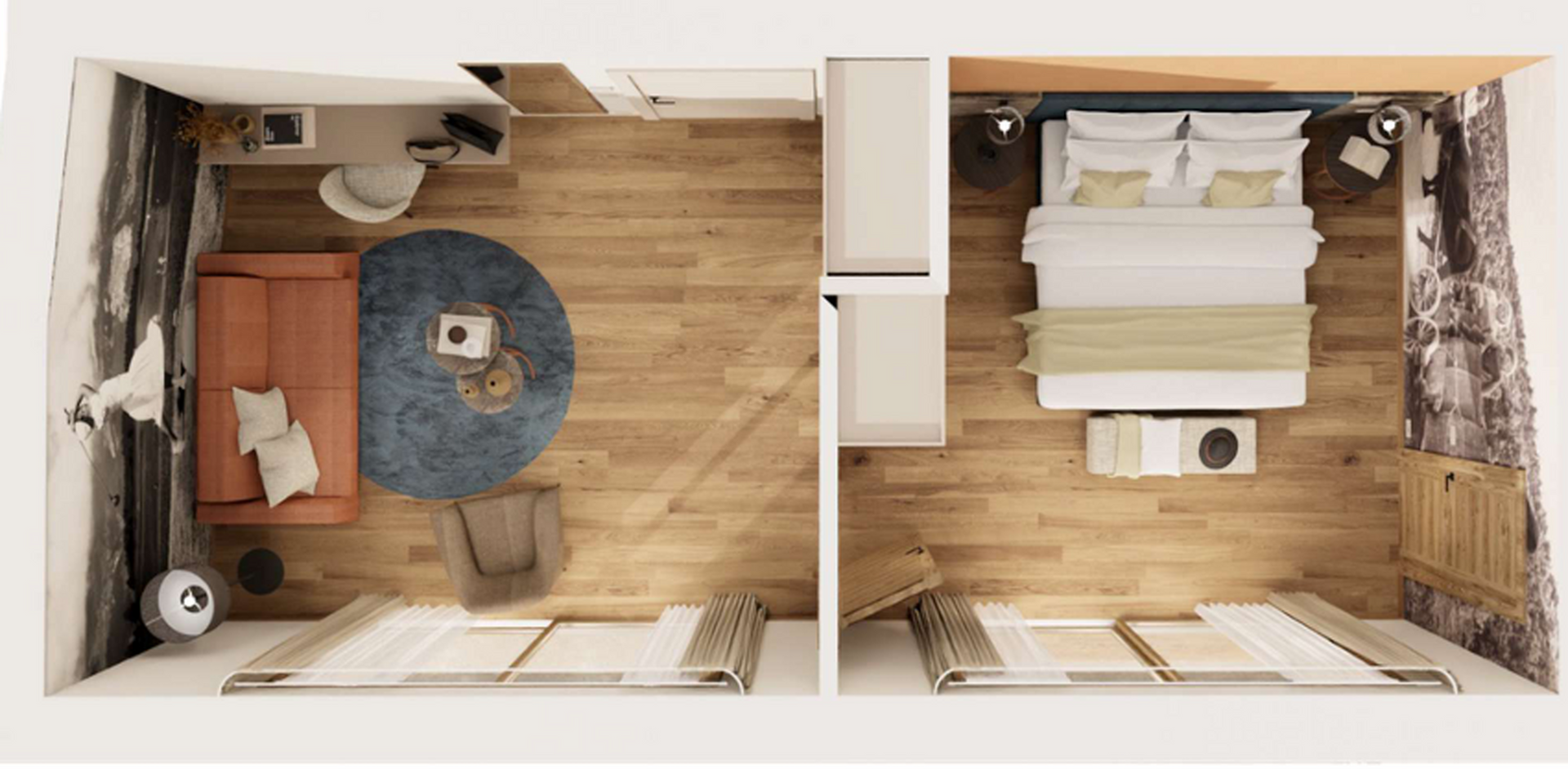Vue plongeante d'une petite chambre et d'un salon dans un appartement, avec parquet clair, lit, canapé et tapis bleu.