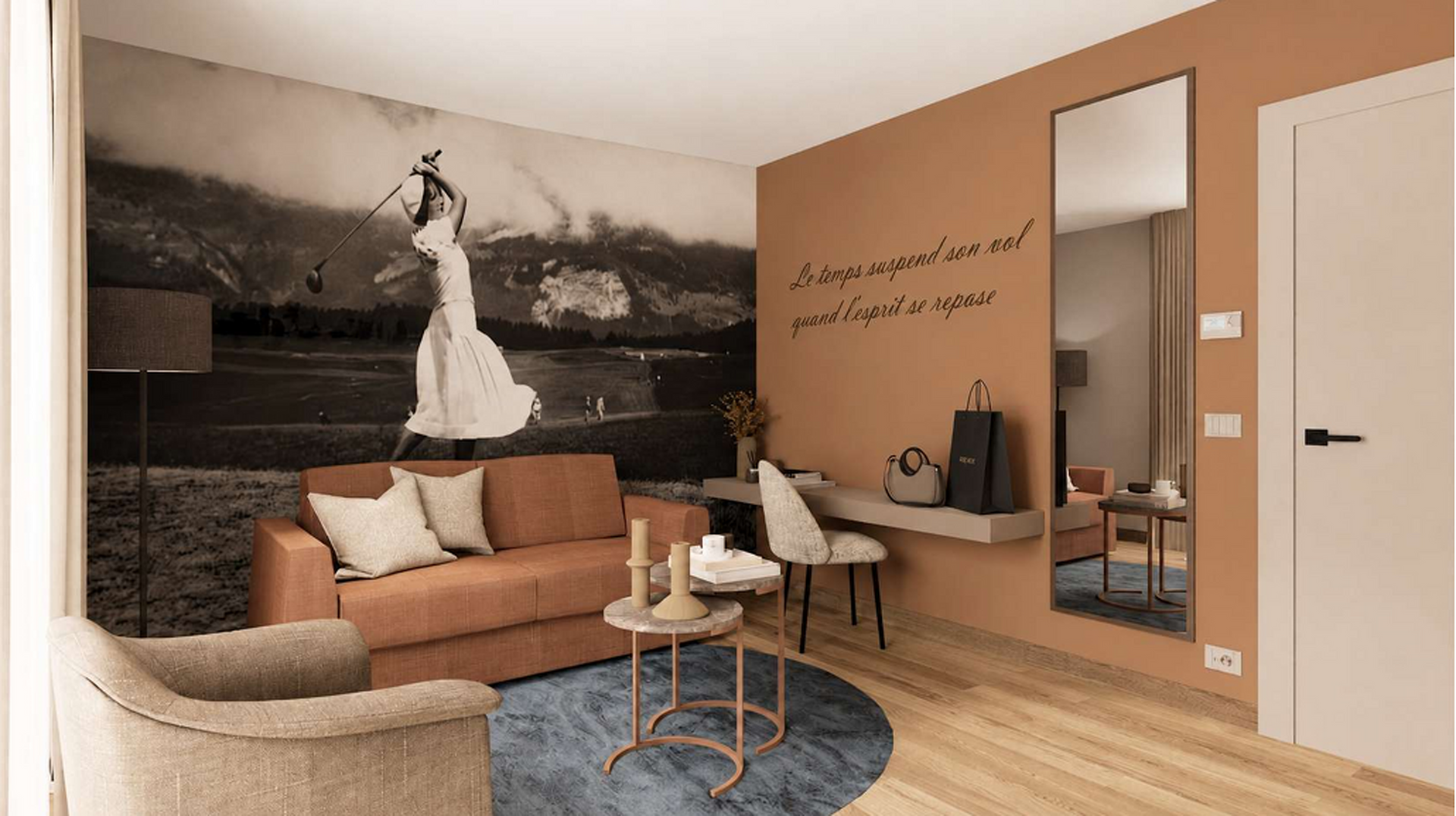 Salon moderne avec table à manger en bois, chaises beiges, fresque murale et portes-fenêtres donnant sur un balcon avec vue sur la ville.