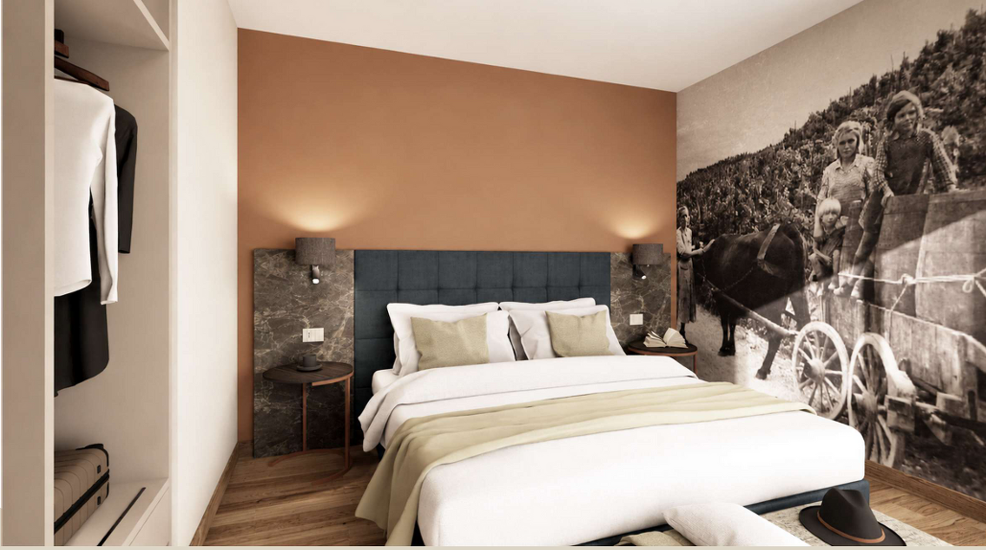 Chambre moderne avec un grand lit, des murs aux tons beige chaud et une fresque murale sportive en noir et blanc.