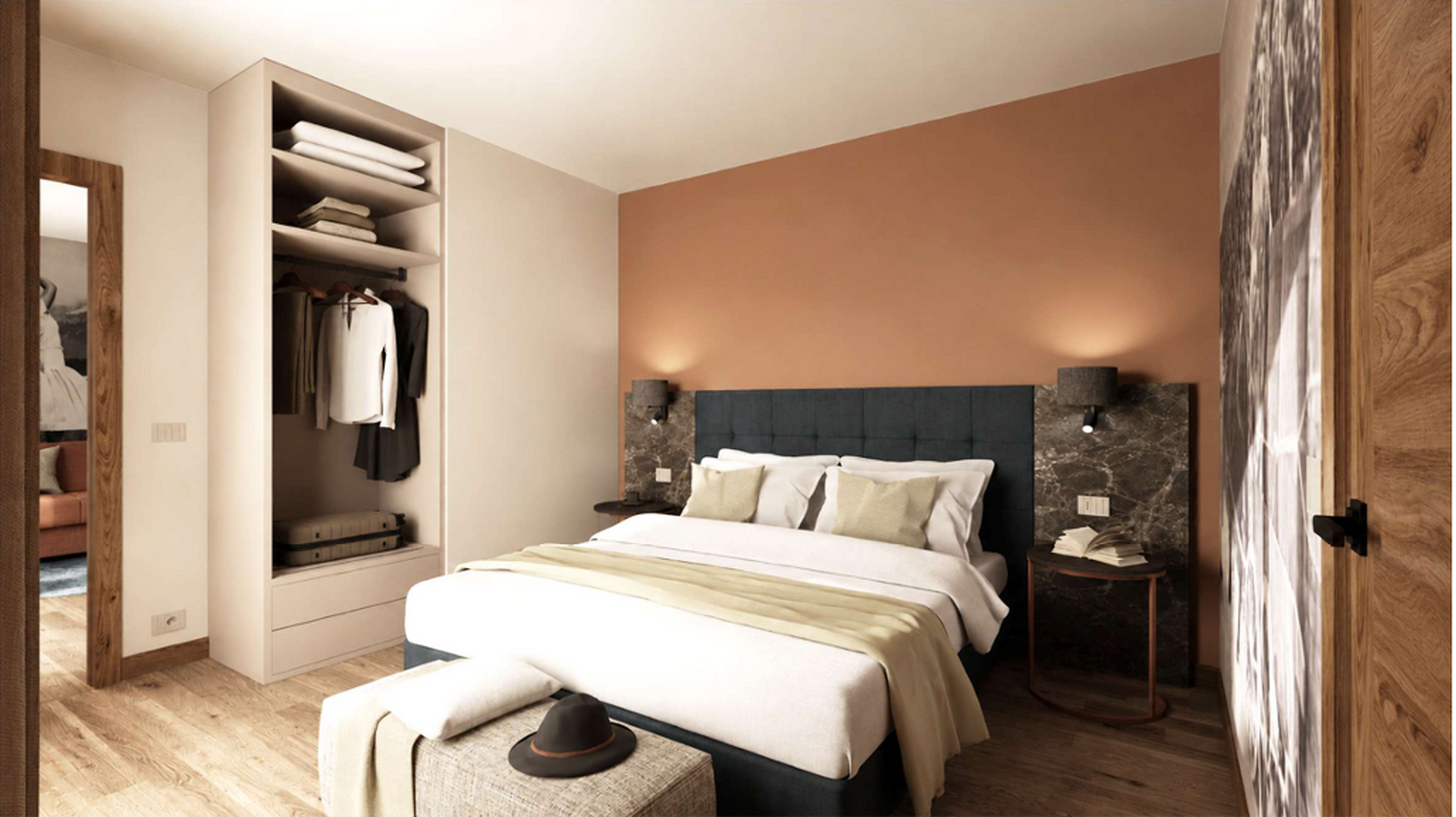 Chambre moderne avec lit, dressing ouvert, mur d'accent couleur pêche et parquet en bois chaleureux