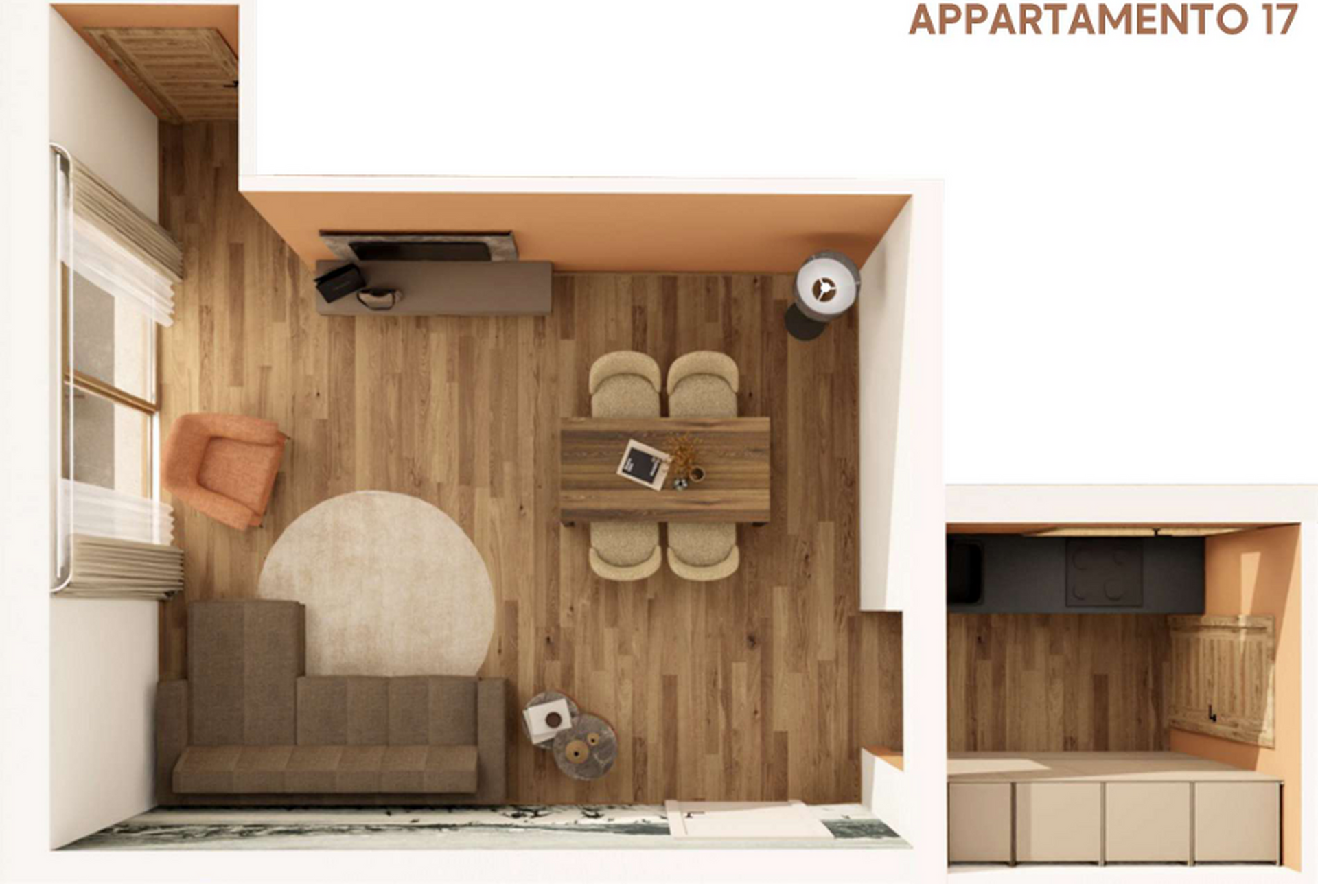 Plan d'étage d'un petit studio avec canapé, table à manger, kitchenette et parquet