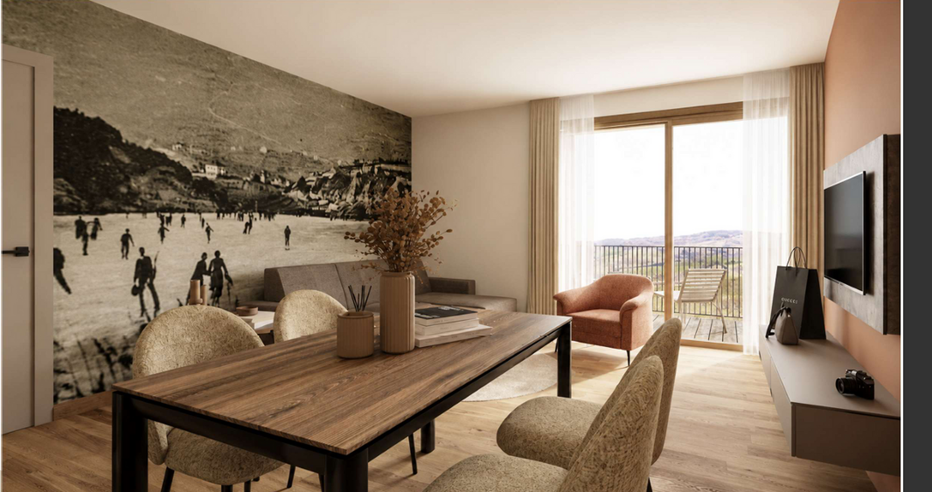 Salle à manger moderne avec table en bois, chaises en osier, grande œuvre d'art murale et portes-fenêtres donnant sur un balcon et laissant entrer la lumière naturelle.