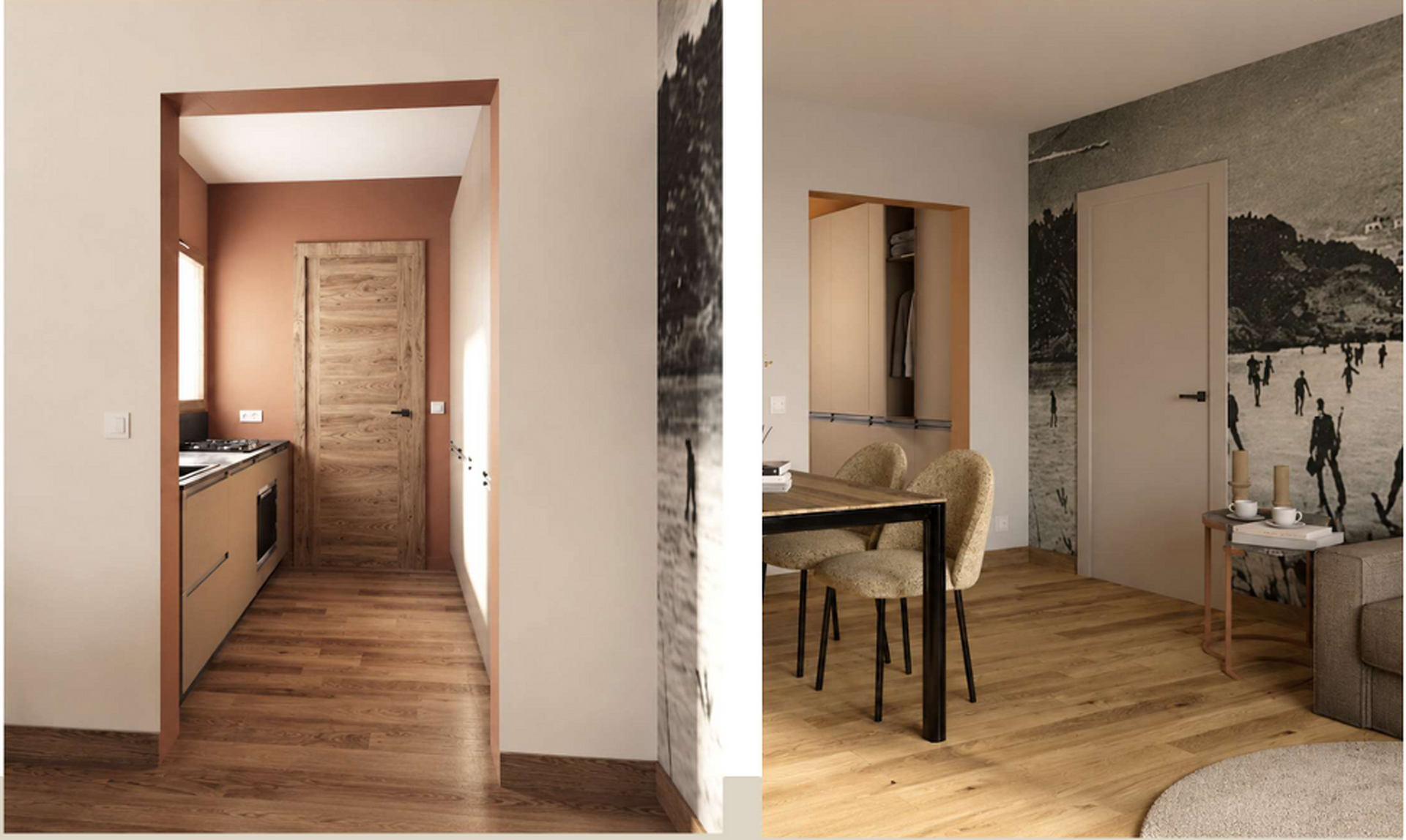 Couloir intérieur et salle à manger chaleureux avec parquet en bois, murs clairs et décoration moderne