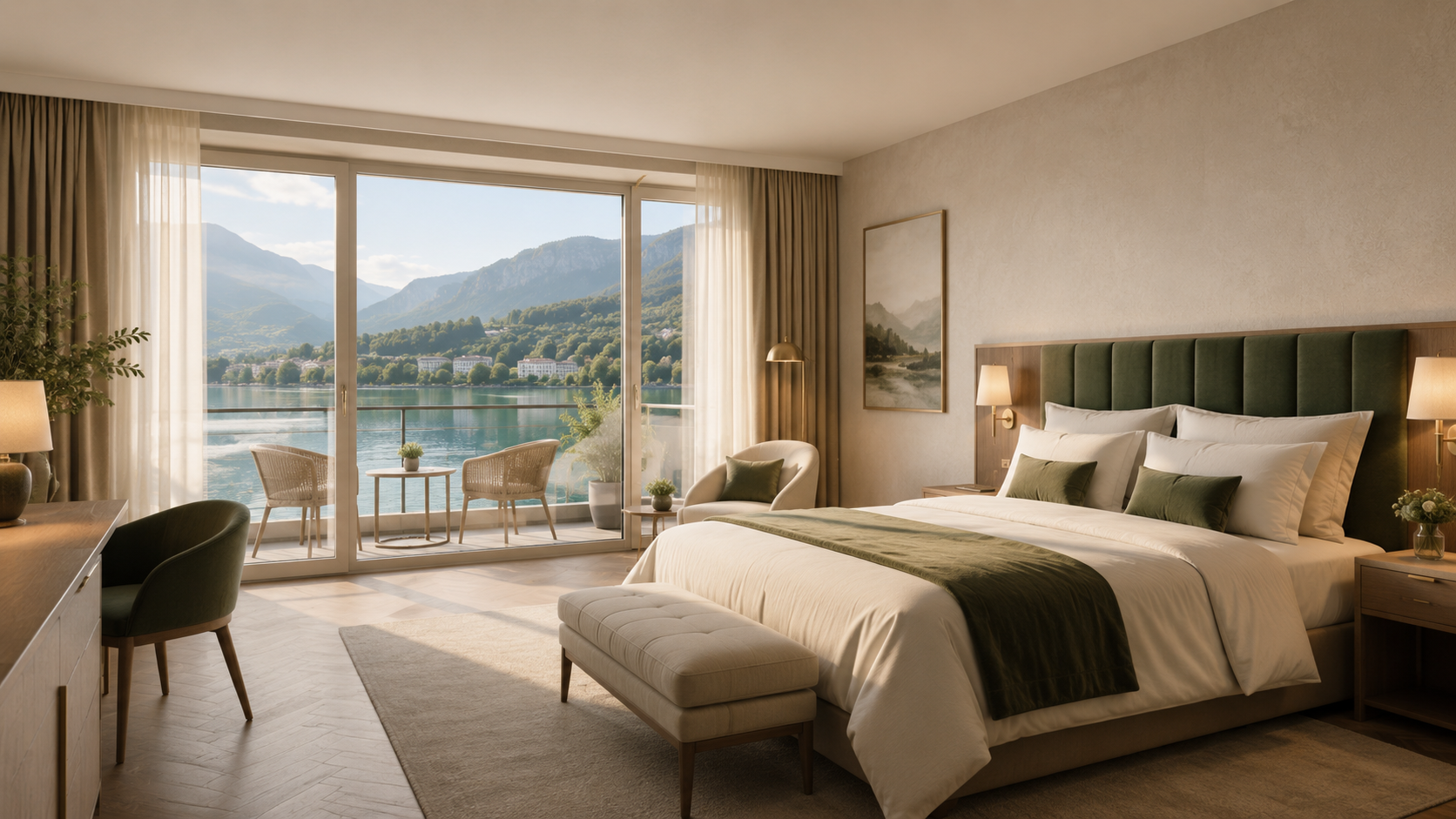 Chambre d'hôtel avec lit king-size, bureau, balcon et vue sur le lac de montagne à travers les portes vitrées