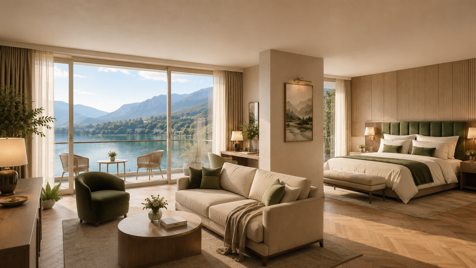 Chambre d'hôtel moderne avec vue sur le lac et la montagne, comprenant un lit, un canapé et des fauteuils près d'une grande fenêtre.