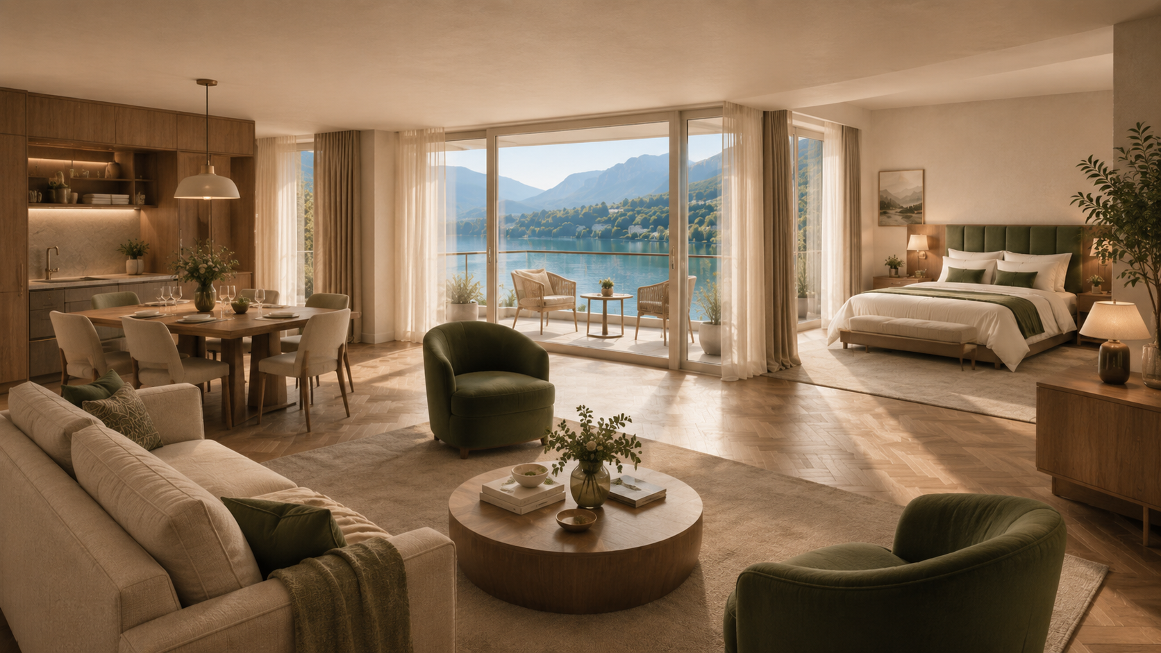 Chambre-salon moderne et confortable avec vue sur le lac, décoration neutre et portes coulissantes en verre donnant sur un balcon
