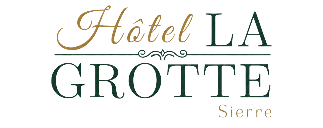 Logo de l'Hôtel La Grotte avec inscription dorée et texte vert foncé, Sierre