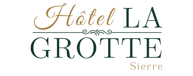 Logo de l'Hôtel La Grotte avec inscription dorée et texte vert foncé, Sierre