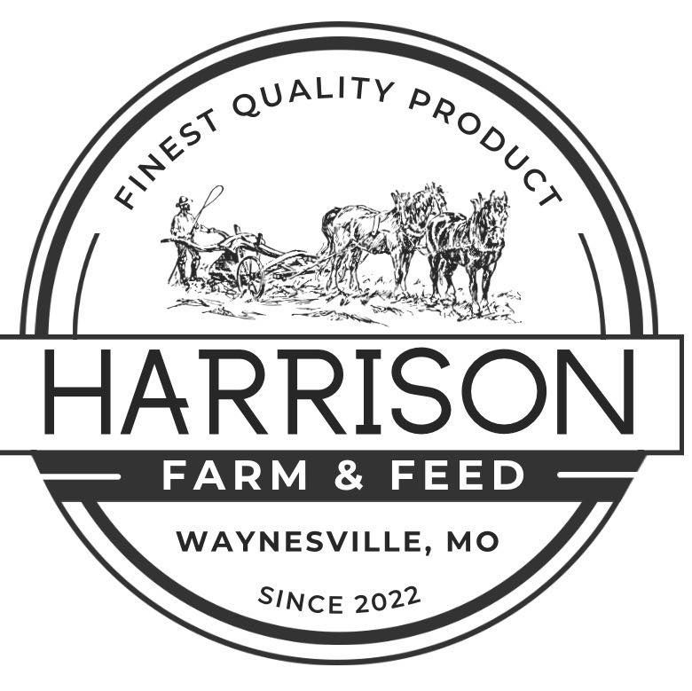 Logo for Harrison Farm & Feed: Text in a circle with a farmer and horses, plus 