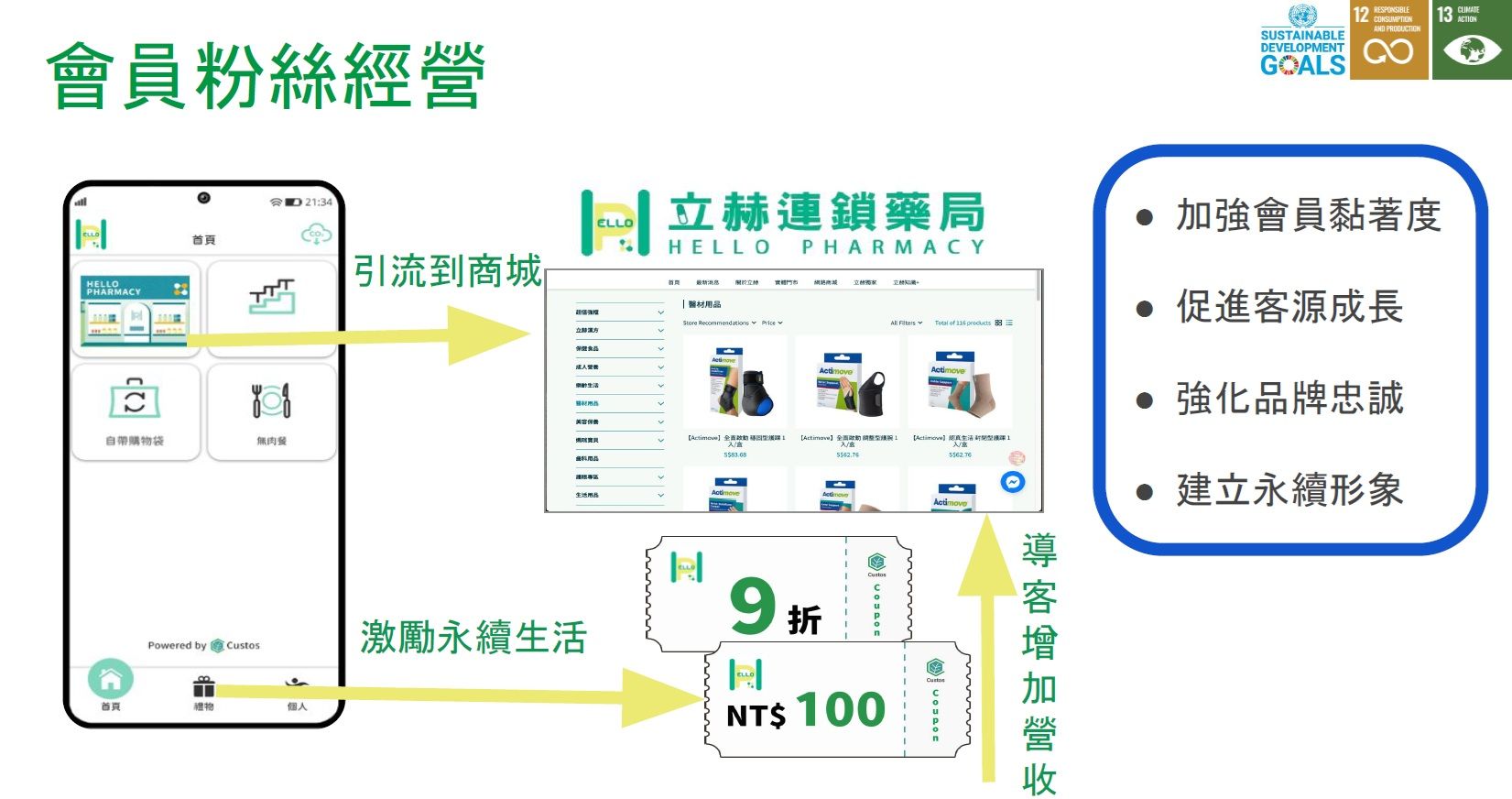 圖表展示了 Heho Pharmacy 的會員粉絲管理：應用程式、線上商店、優惠券和品牌計劃。