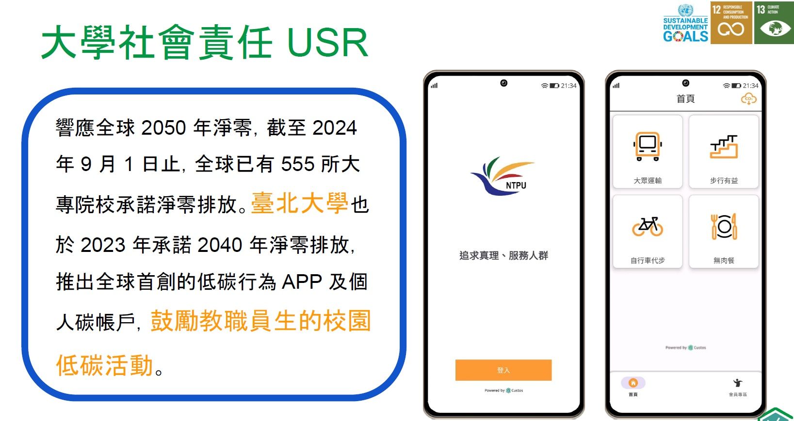 關於大學社會責任的幻燈片，包含文字和手機應用程式截圖。鼓勵低碳校園活動。