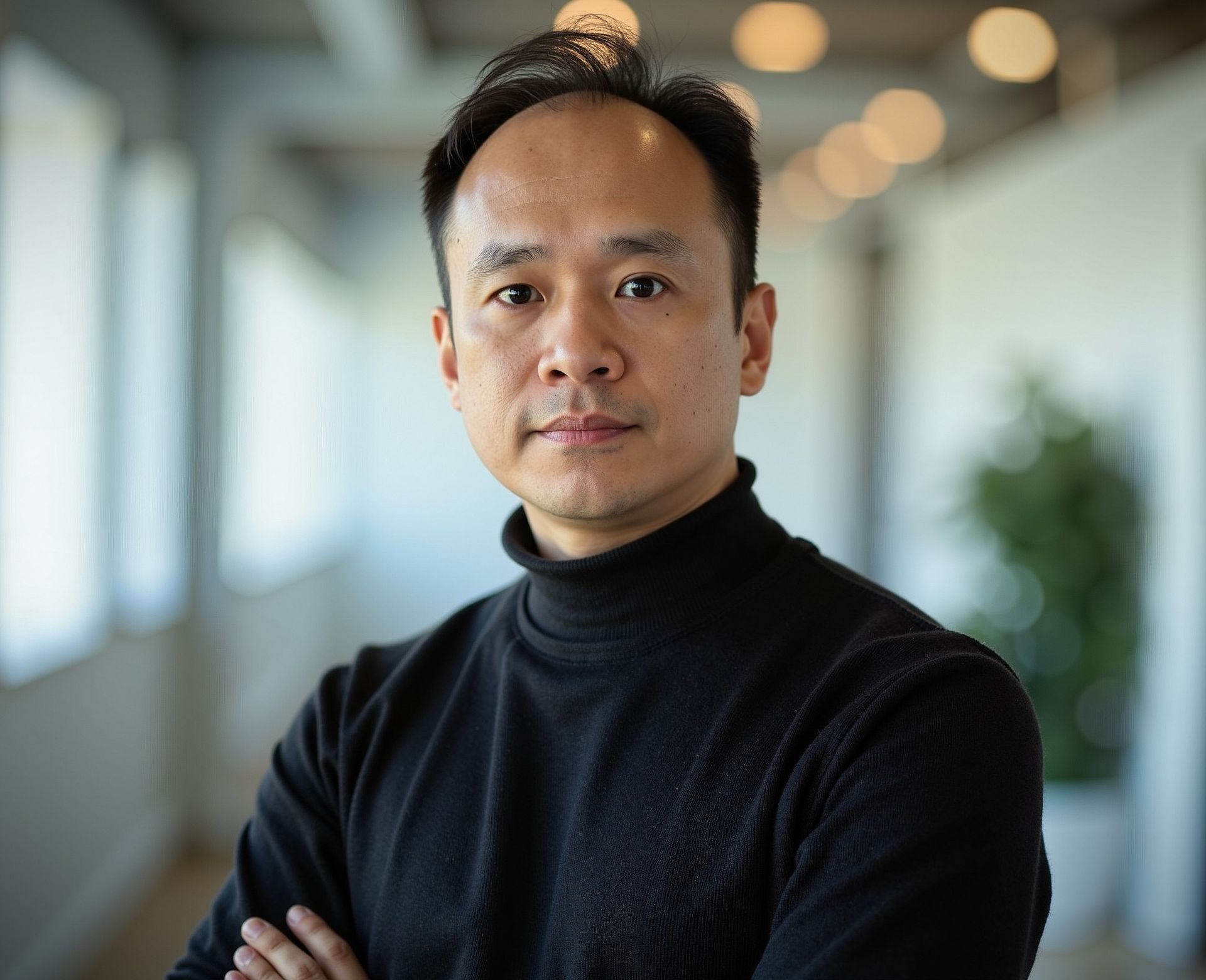 一名男子雙臂交叉,身穿黑色高領毛衣,在燈光明亮的走廊上看著鏡頭。
