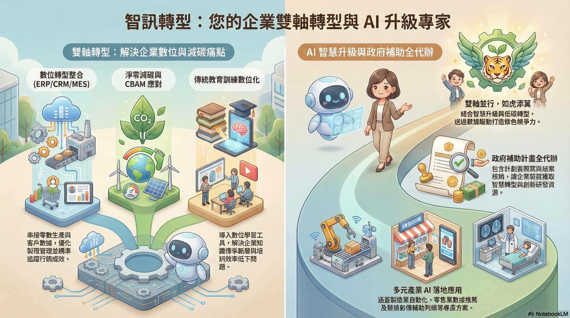 帶有文字的標誌:智慧數位創新,專注於小型企業的數位轉型。