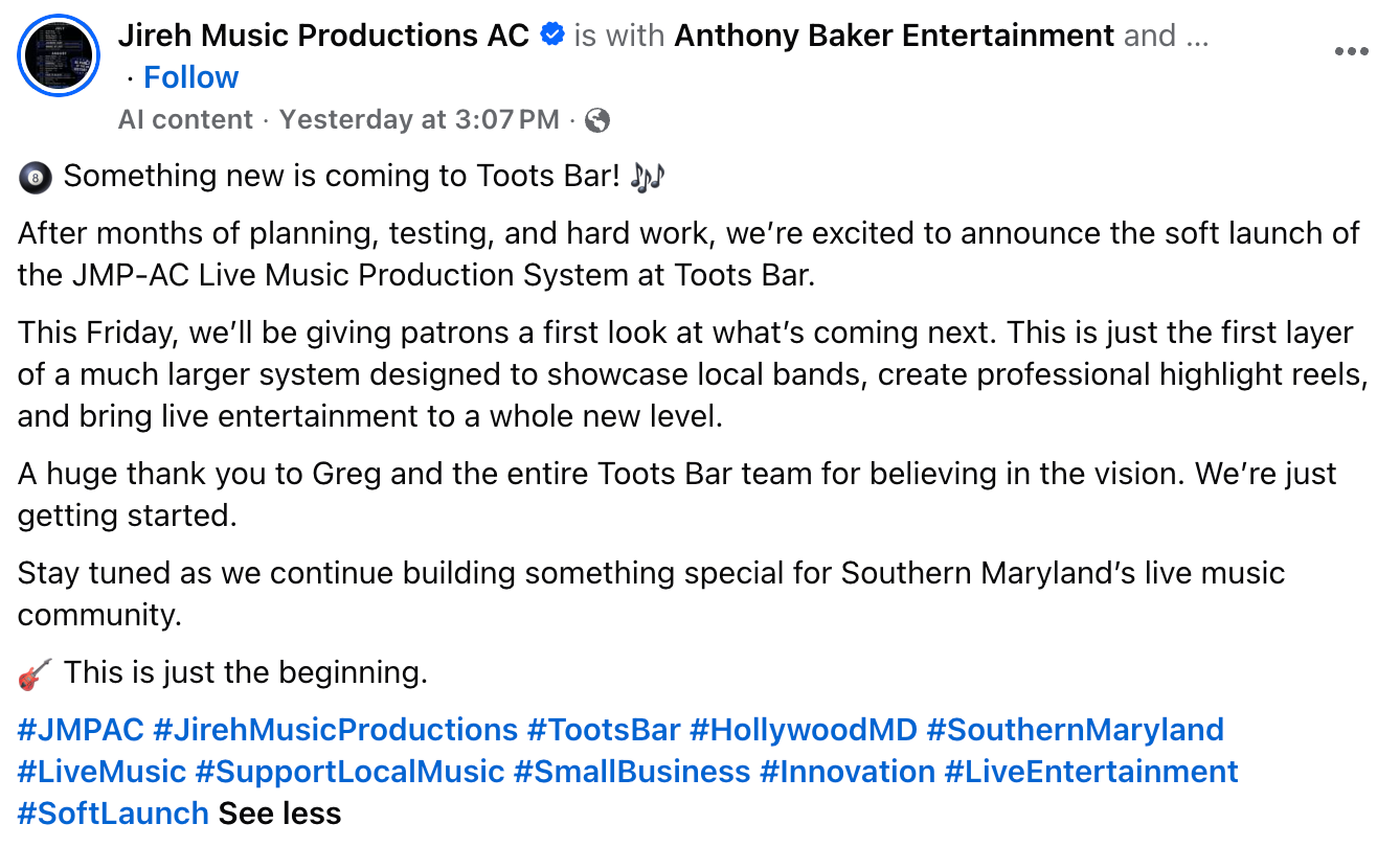 facebook post from Jireh Music Productions