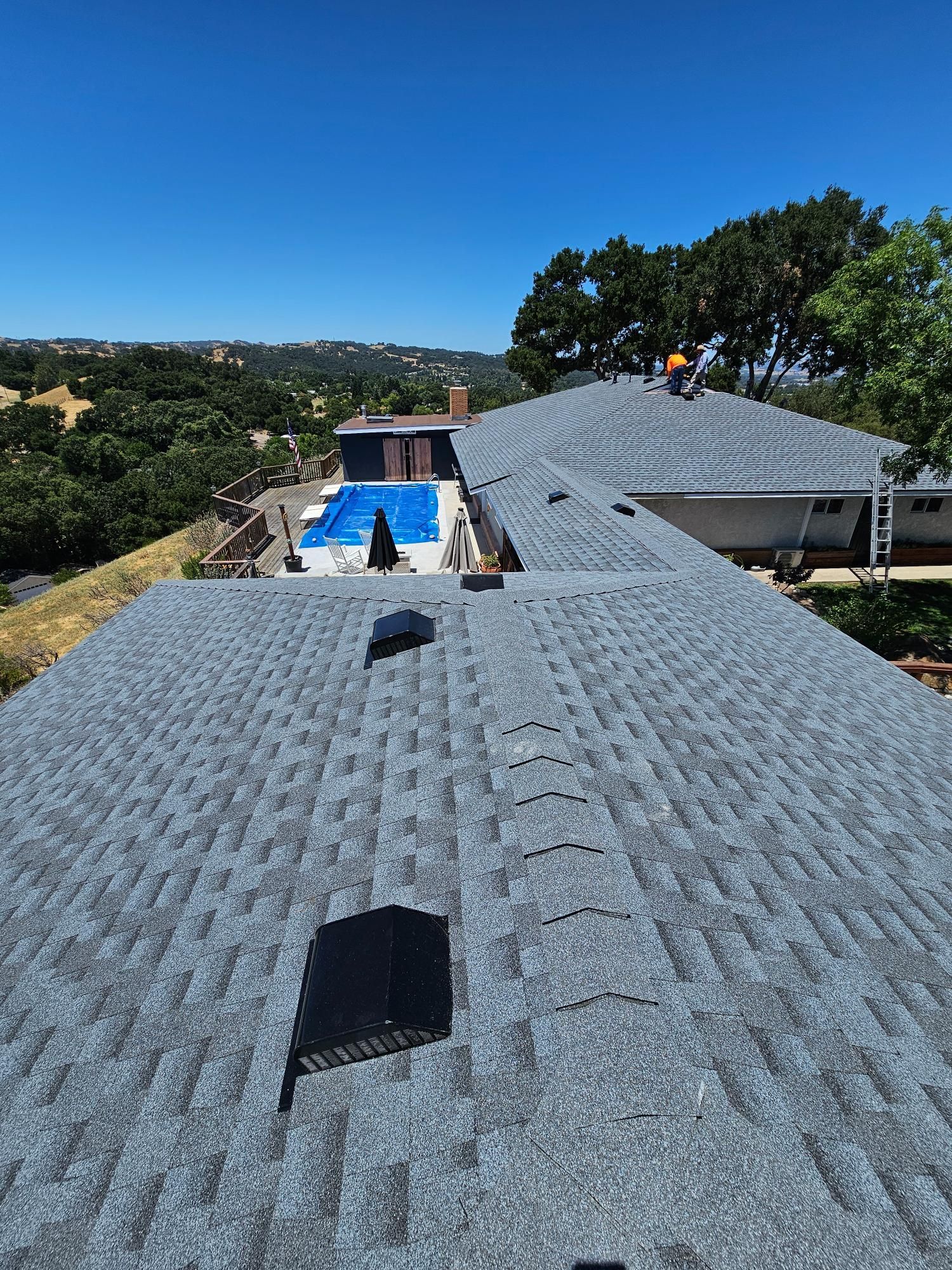 Rooftop with gray shingles, skylight, and a blue pool beside trees under a clear sky