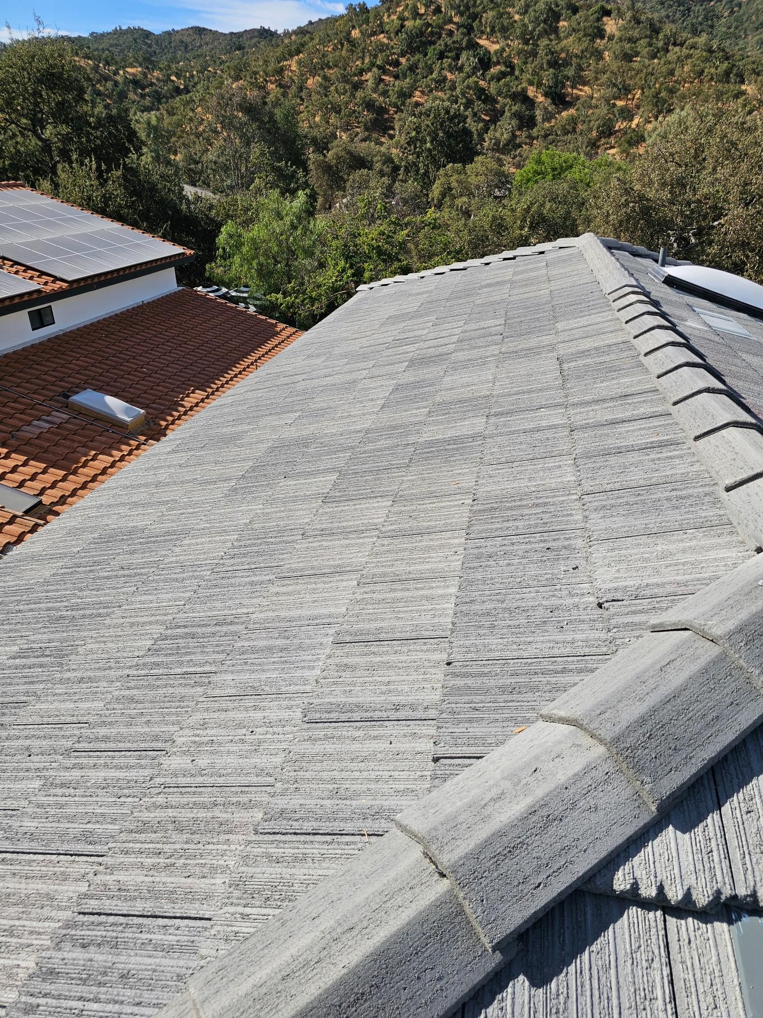 Rooftop with gray shingles and ridge caps beside a red-tiled roof, overlooking green trees and hills