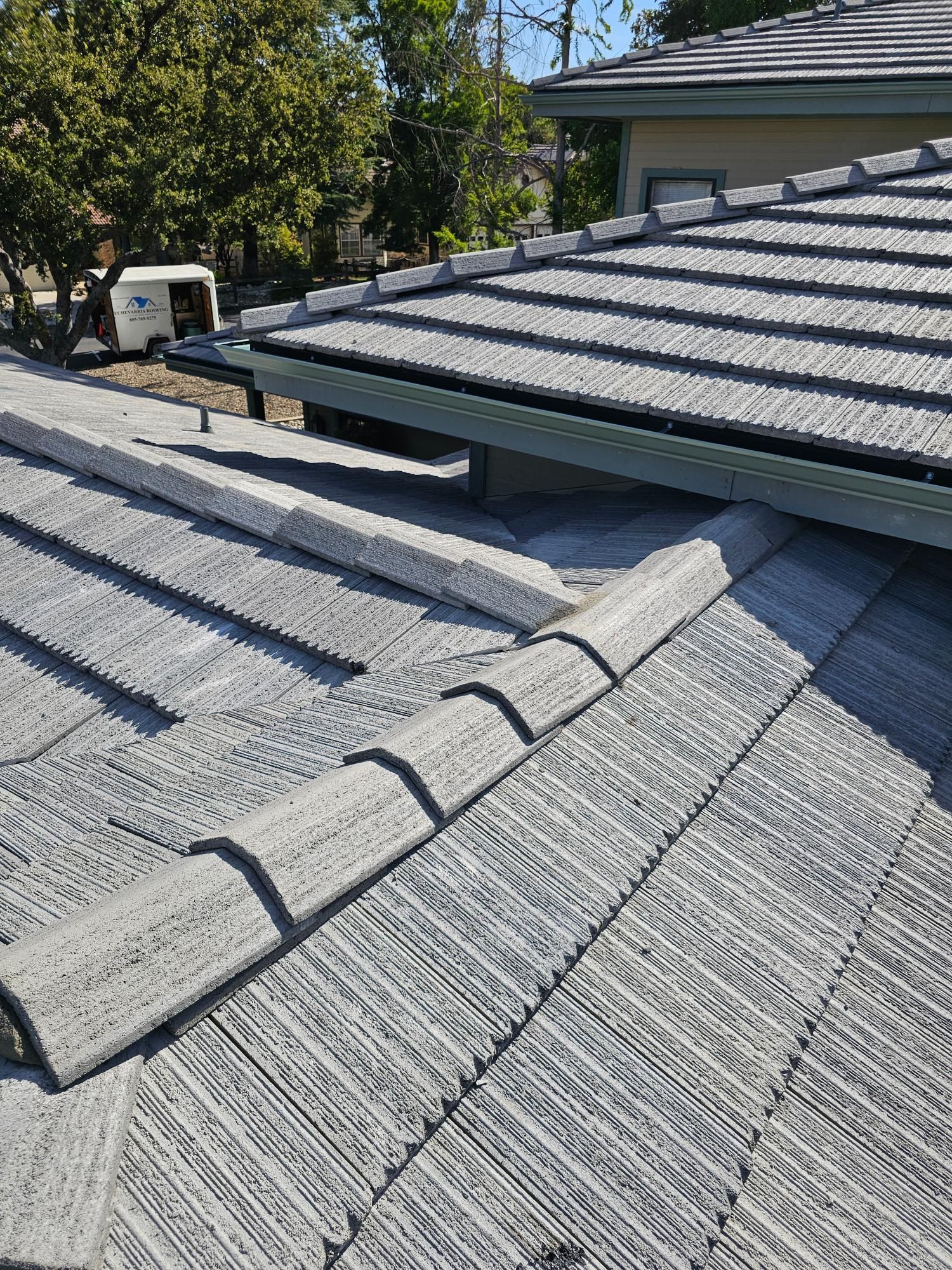 Gray tiled roof with a ridge line and nearby trees under a sunny sky