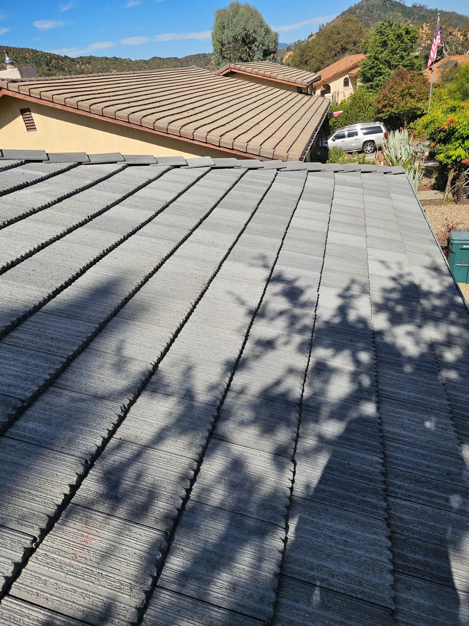 Rooftop view of gray shingles, tan roofs, trees, and a parked white SUV on a sunny day