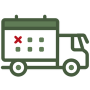 Icon: Grüner Lkw mit einem Kalendersymbol auf der Ladefläche und einem roten x im Kalender eingezeichnet. Es steht für die Laufzeit Express+.