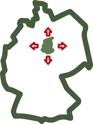 Icon mit der Deutschlandkarte und der Region des Postleitzahlengebietes 38 und roten Pfeilen. Diese zeigen aus der Region 38 heraus und symbolisieren die Distributionstransporte.