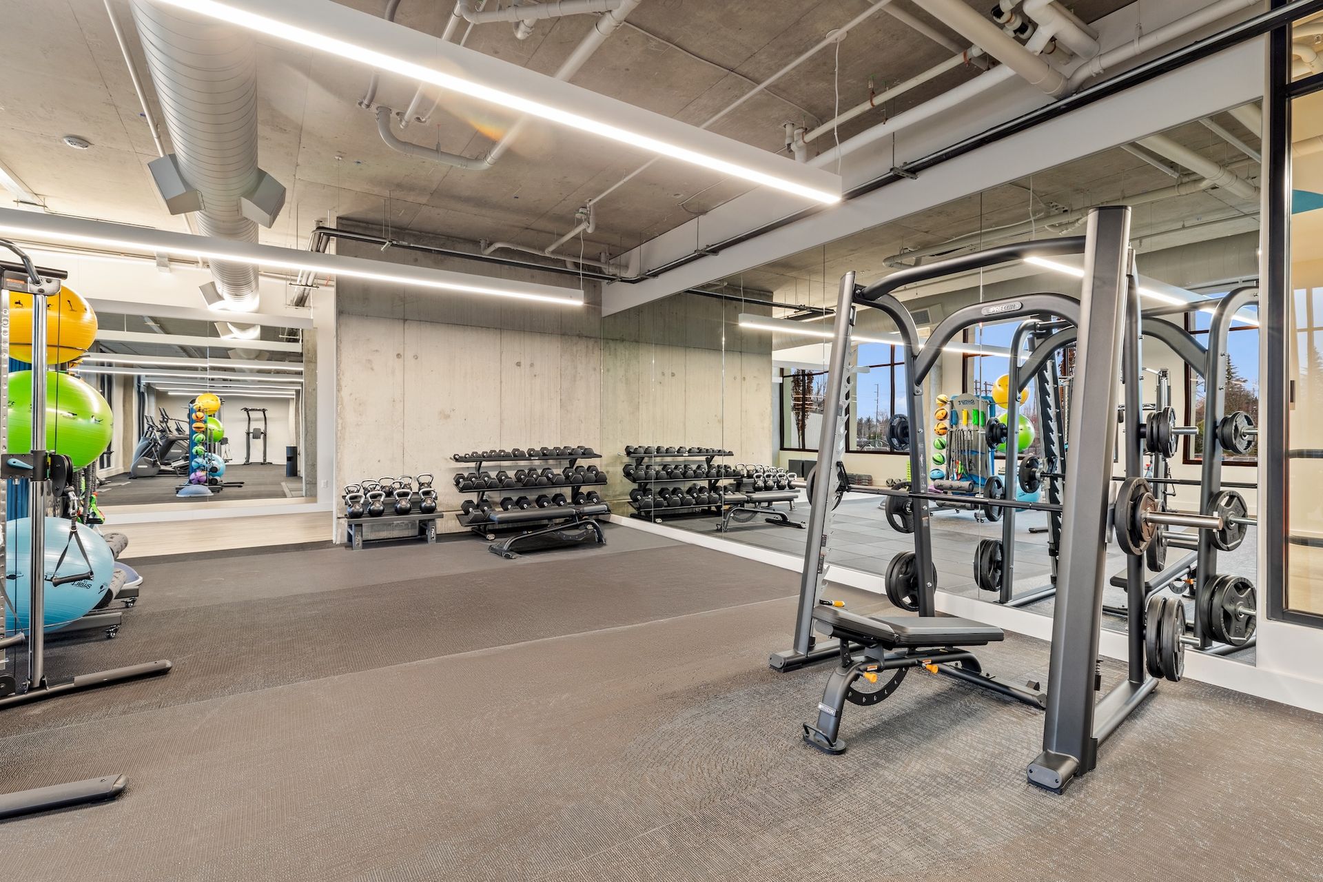 Modern gym interior with cable machines, dumbbells, exercise balls, and mirrors under bright lights