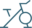 Stylized teal and white cyclist icon with a large wheel and diagonal bike frame on a white background.