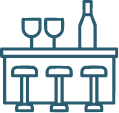 Bar counter with stools, two wine glasses, and a bottle icon in teal outline.