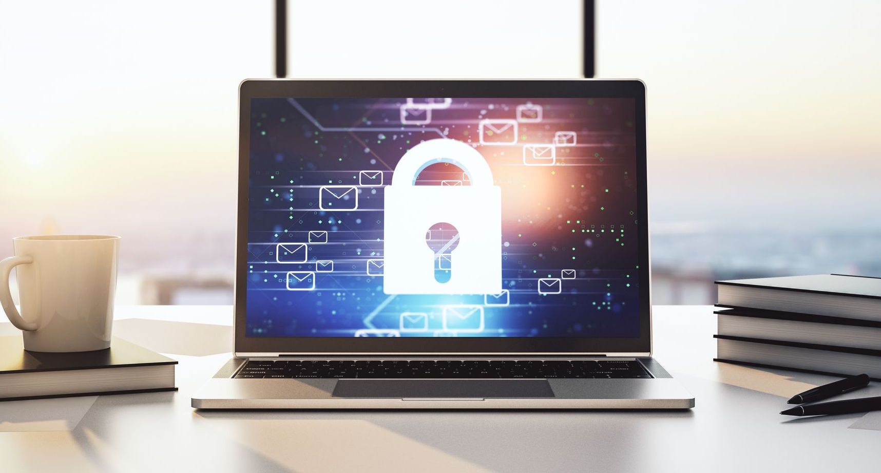 A laptop computer with a padlock on the screen is sitting on a desk.