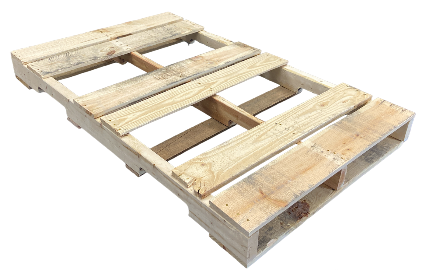 A wooden pallet is sitting on a white surface.