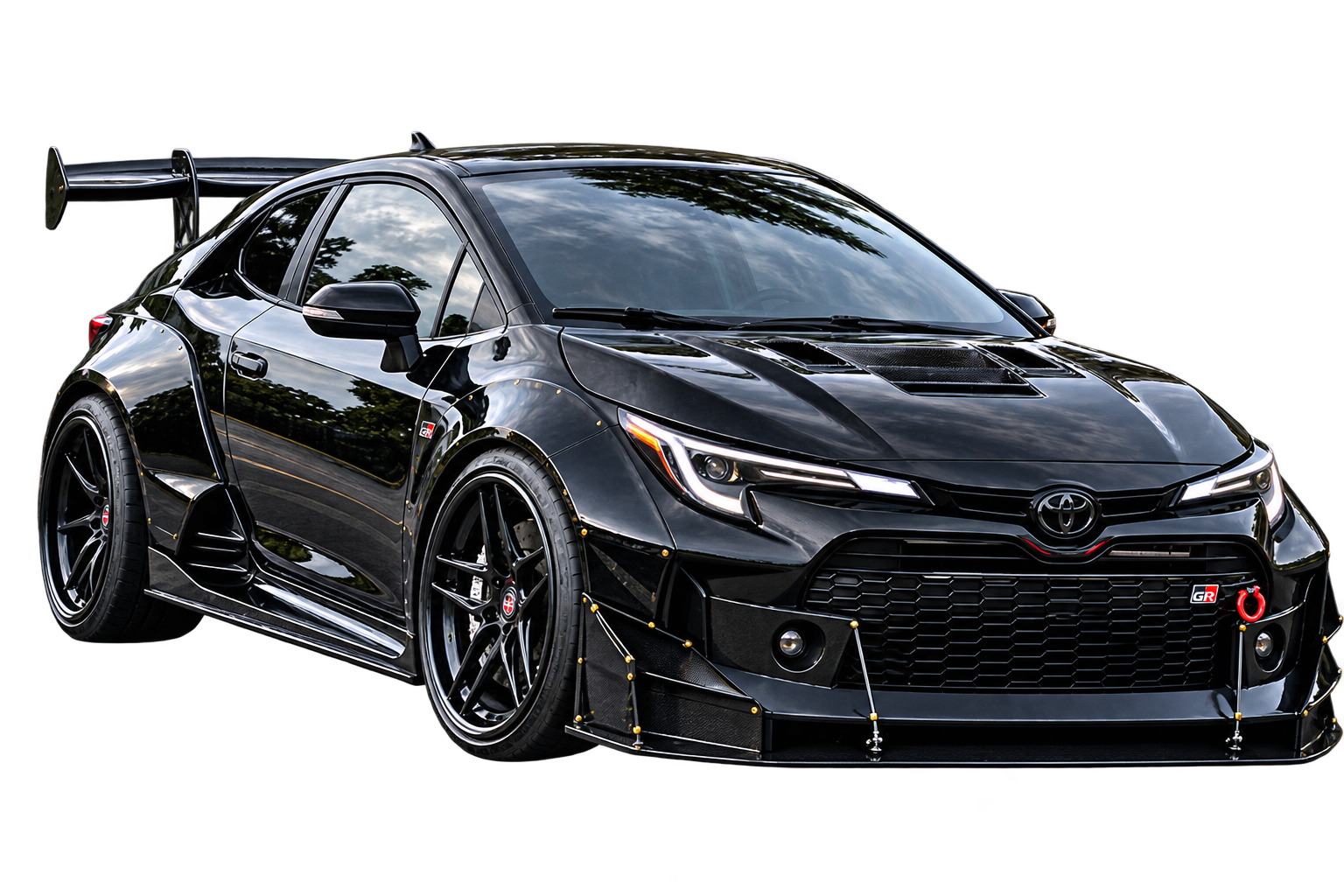 Black modified sports car with wide body kit, spoiler, and racing wheels, shown at a front-left angle
