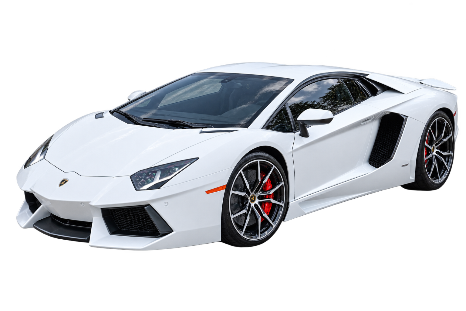 White Lamborghini sports car on a white background, front three-quarter view