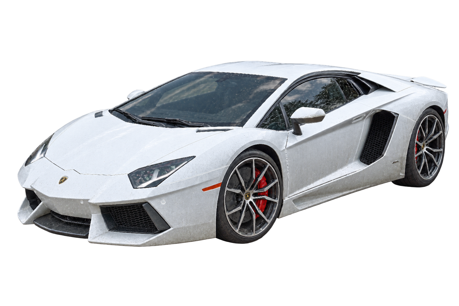 White Lamborghini sports car, front three-quarter view, with black wheels and red brake calipers.