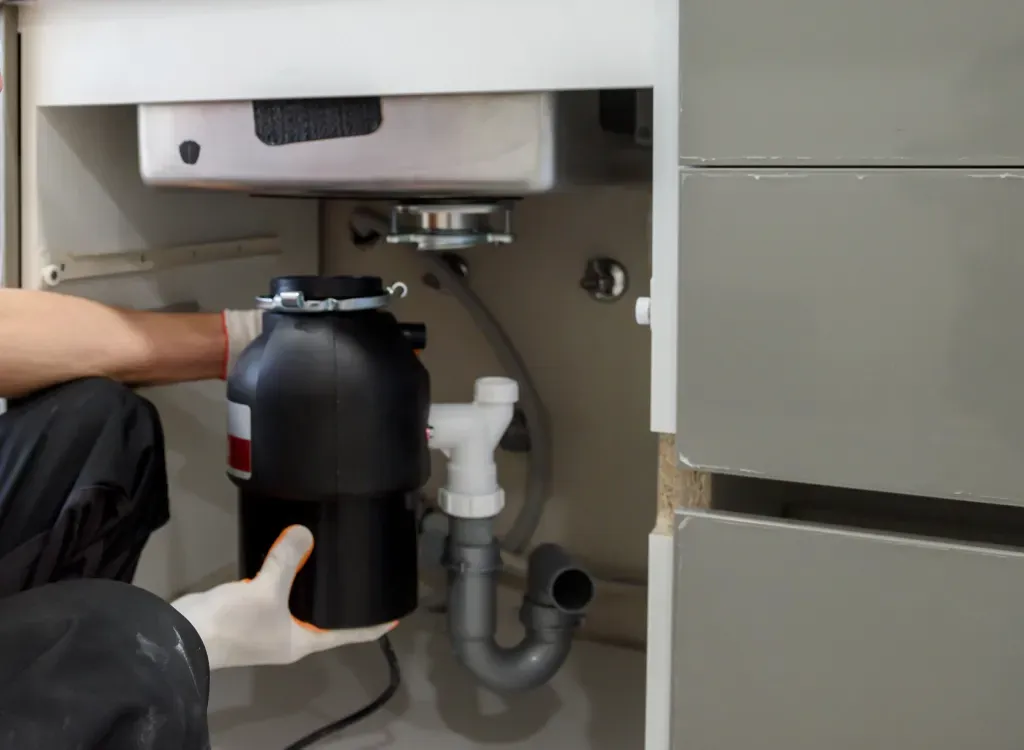 A person is installing a garbage disposal under a sink.