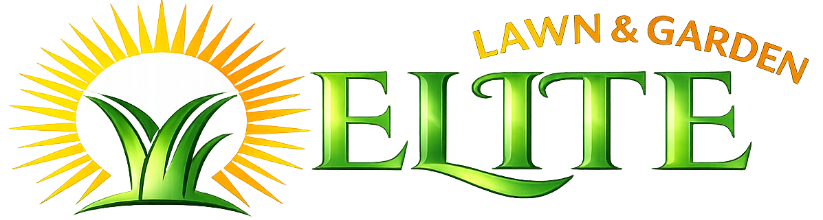 Lawn & Garden Elite logo with green leaves and yellow sunburst over white background