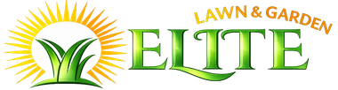 Lawn & Garden Elite logo with green leaves and yellow sunburst over white background