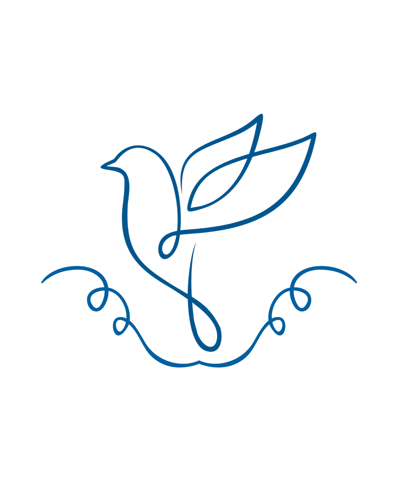 Blue line-art bird on a leafy branch with decorative swirls