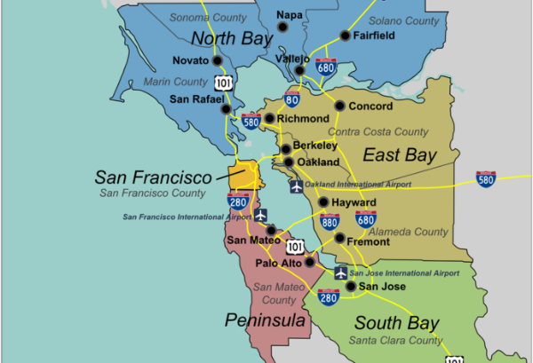 Map of the San Francisco Bay Area with counties, cities, highways, and bay labels highlighted in color