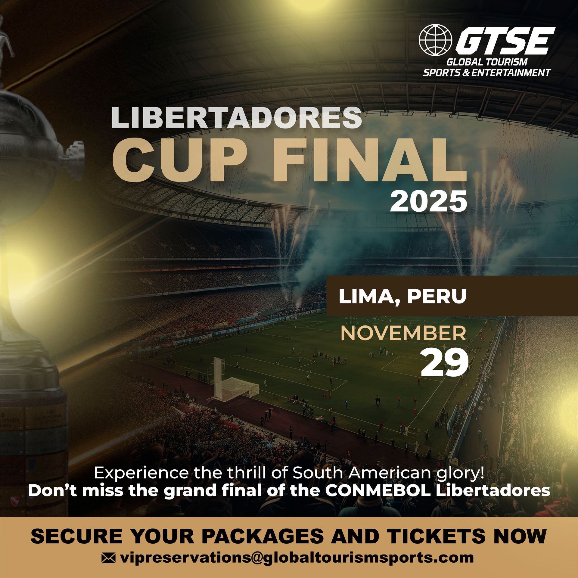 Advertisement for Libertadores Cup Final 2025 in Lima, Peru. Dates are November 29.