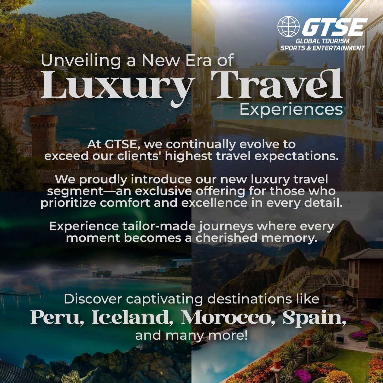Advertisement for luxury travel with photos of various destinations like Peru, Iceland, and Morocco.
