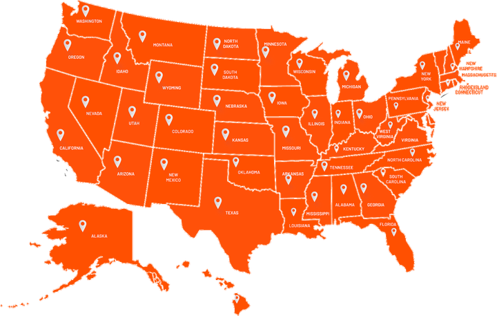 Orange map of the United States with location markers in each state.