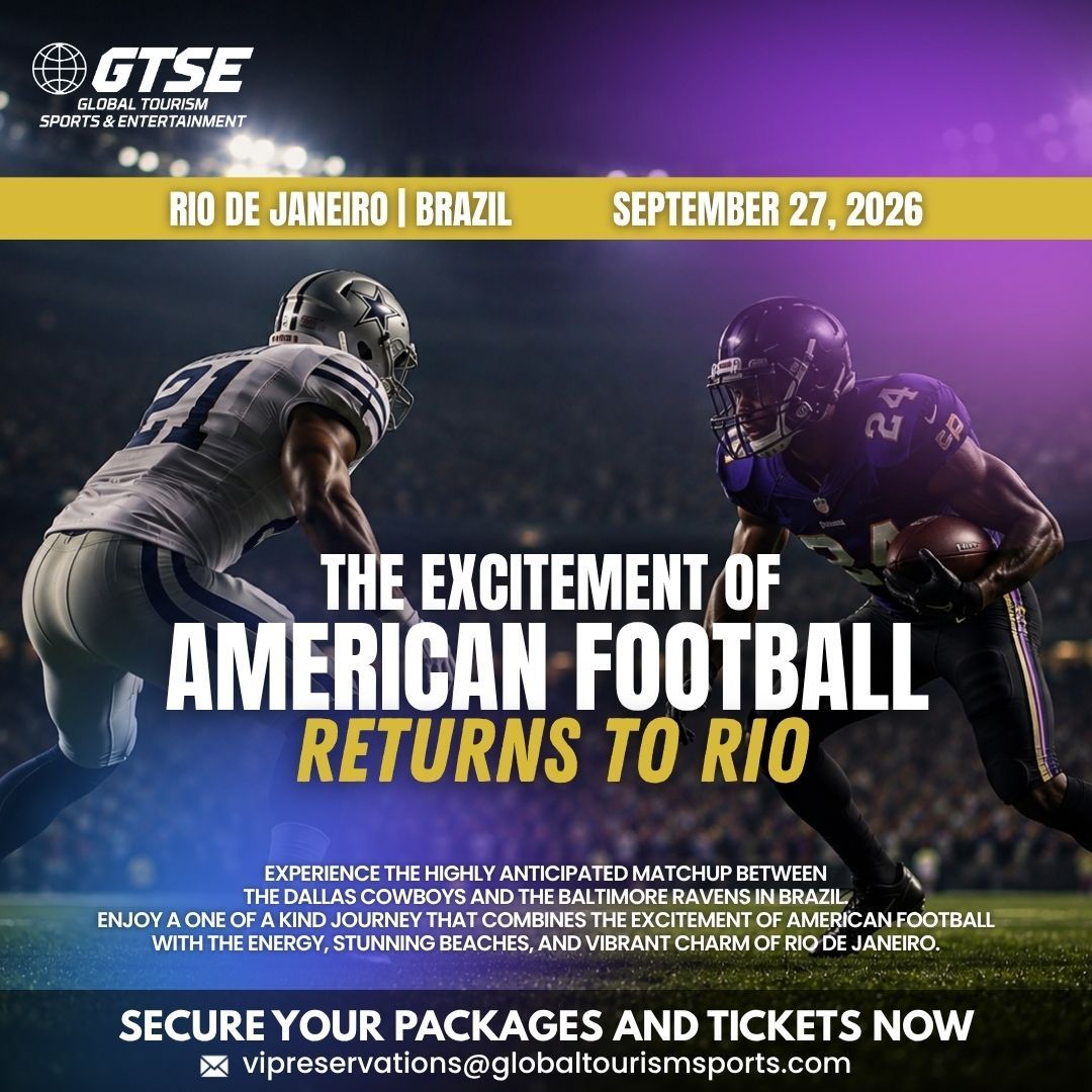 American football promo poster in Rio de Janeiro, Brazil, with two players and event date September 27, 2026