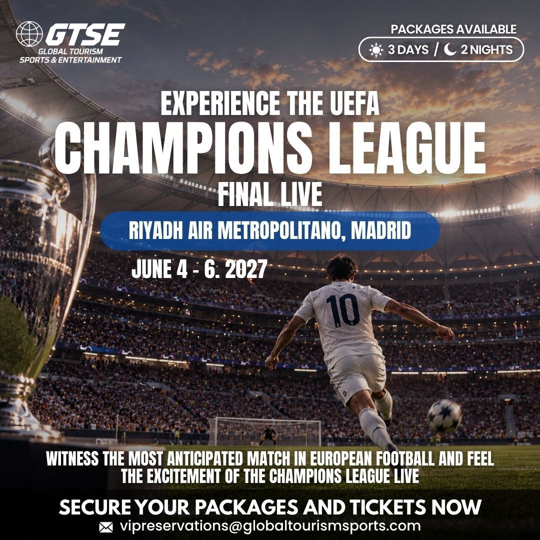 Champions League final promo at Riyadh Air Metropolitano, Madrid, June 4–6, 2027, with stadium and player