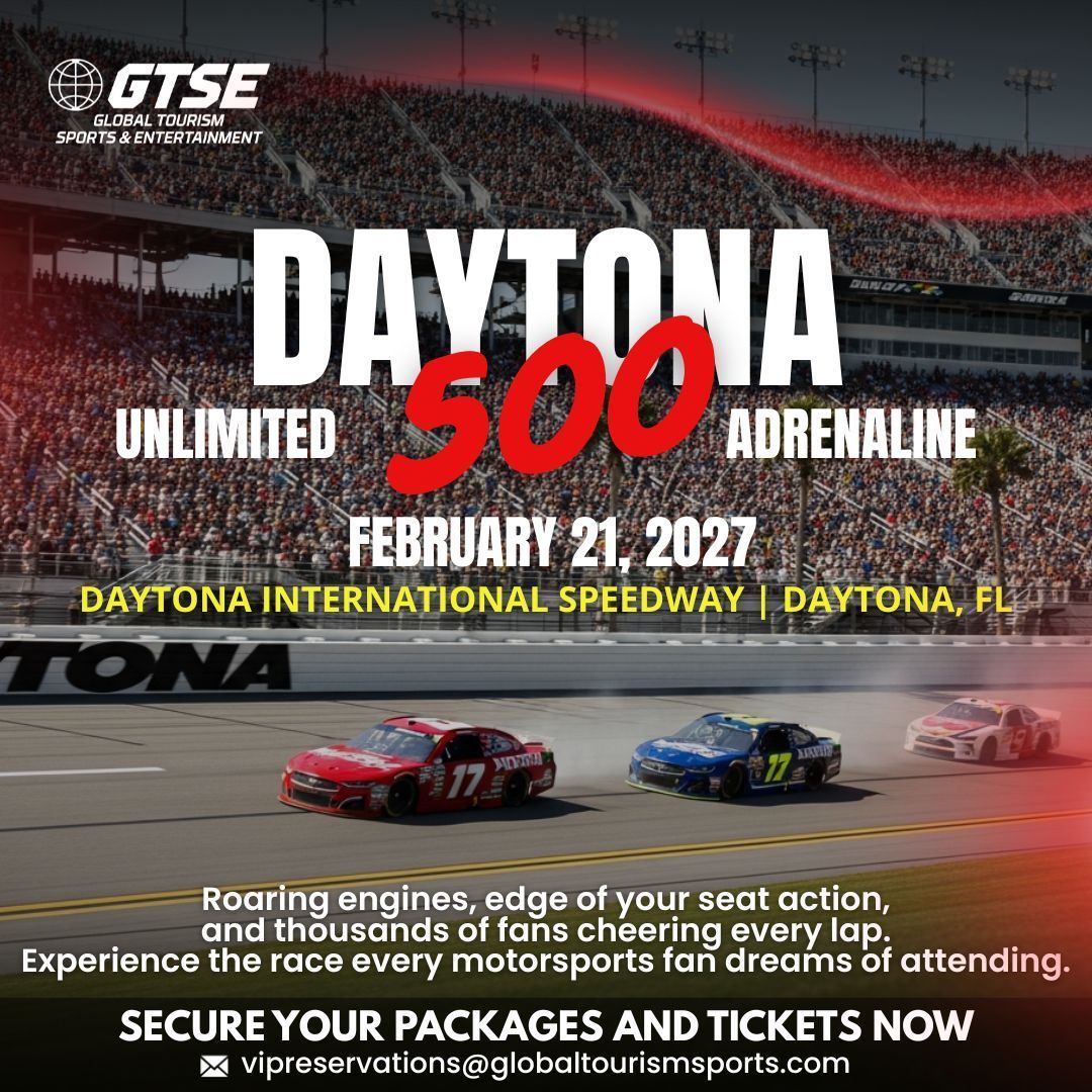 Daytona 500 race promo poster with red-and-black track scene, cars, and date February 21, 2027.
