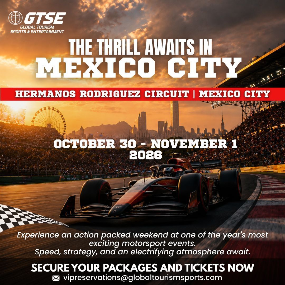 Mexican Grand Prix promo poster at Mexico City circuit with Formula 1 cars at sunset, October 30–November 1, 2026