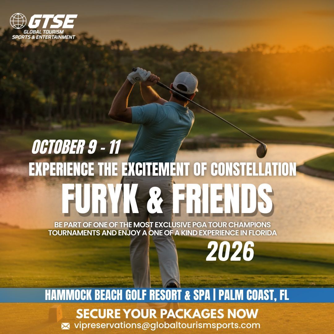 Golfer swinging at sunset with event text for Constellation Furyk & Friends 2020 in Hammock Beach, Florida