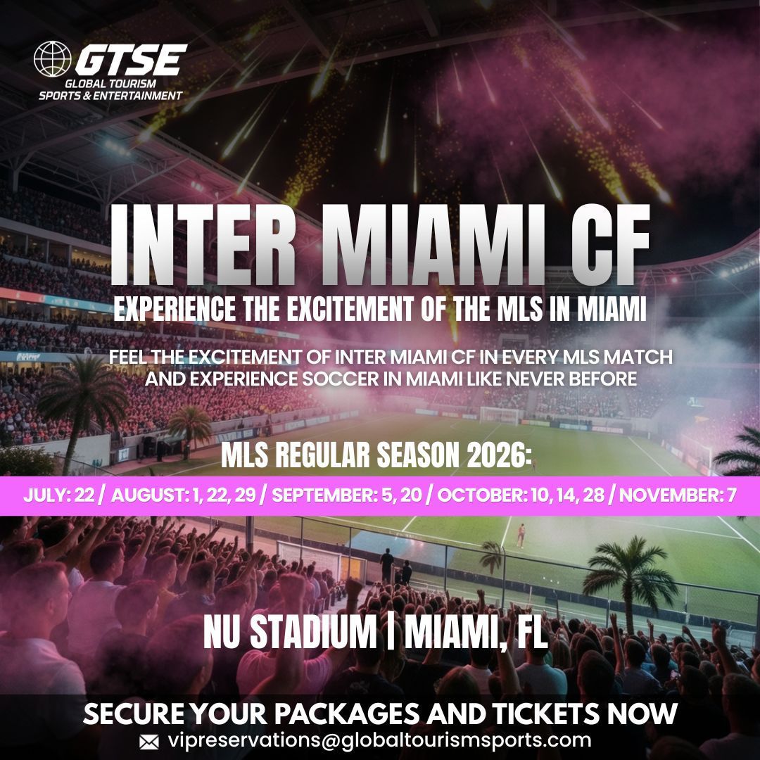 Inter Miami CF MLS season poster with fireworks, pink-blue stadium scene, and match dates at NU Stadium, Miami